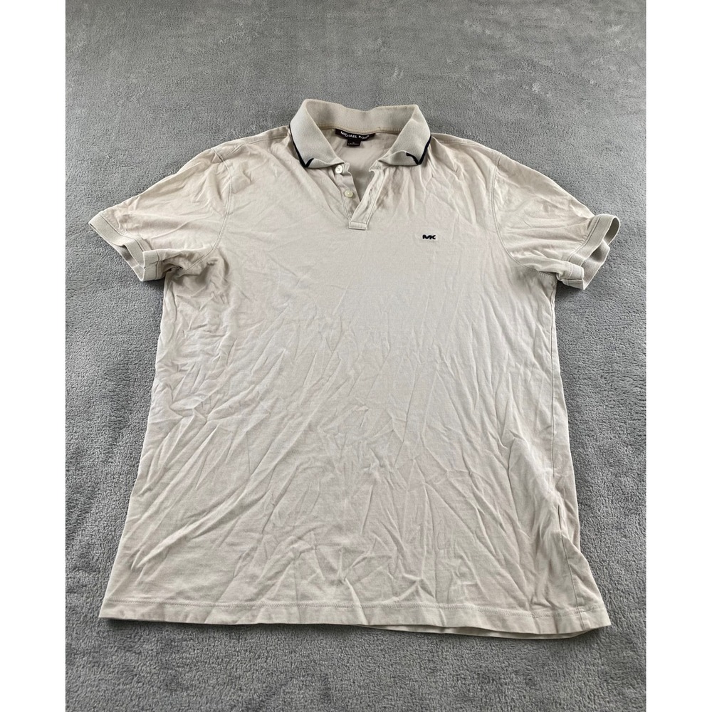Michael Kors Mens Polo Shirt M‎ Beige Tan Short Sleeve Contrast Trim Logo Jersey